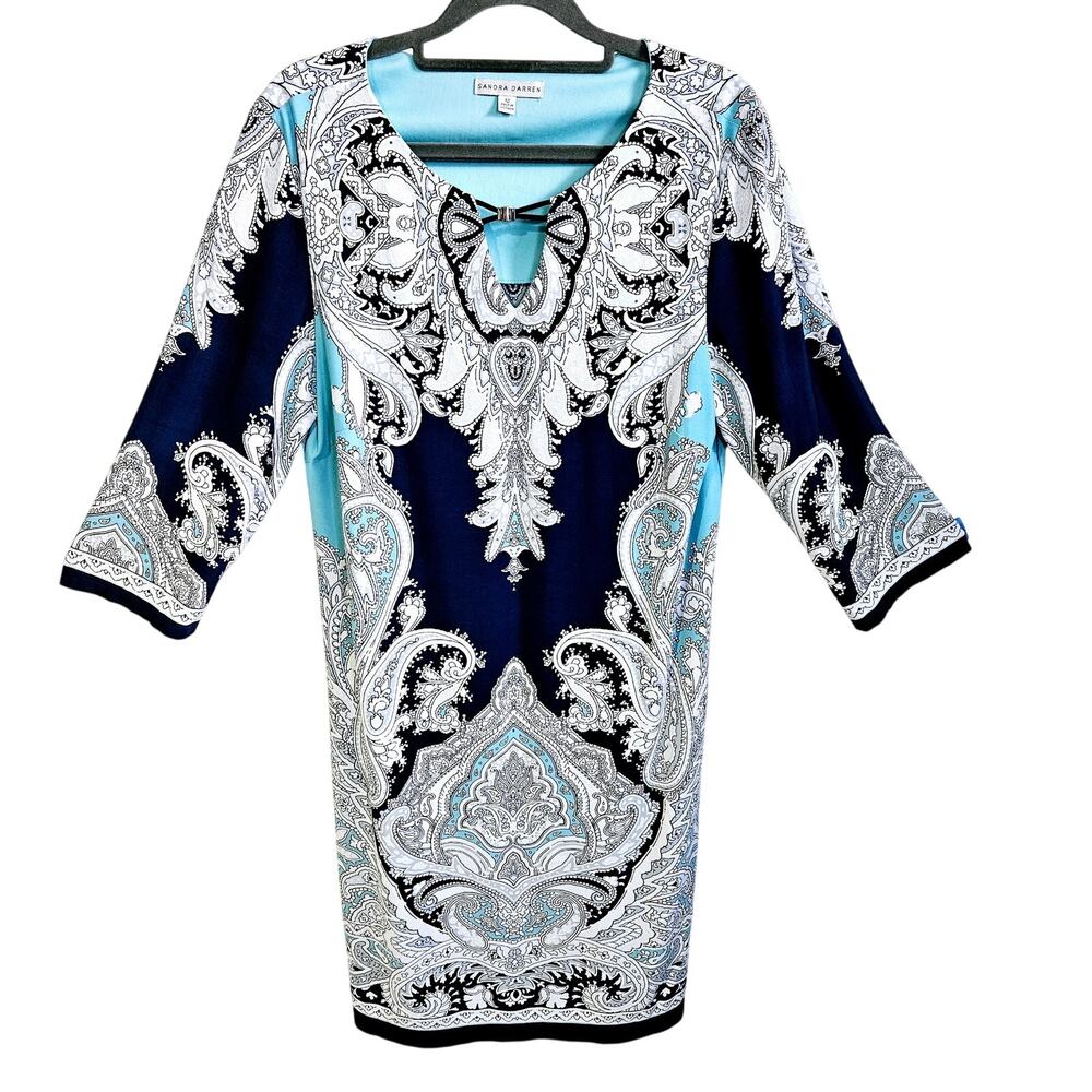 Sandra Darren Size 12 Half Sleeve Sheath Dress Blue White Baroque Floral Paisley